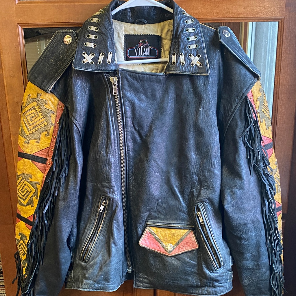 Black Leather Bomber Jacket With Fringe Volcano Heavily Detailed Winter Biker